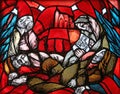 Birth of Jesus, Christmas, detail of stained glass window in St. James church in Hohenberg, Germany Royalty Free Stock Photo