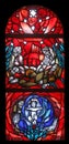 Birth of Jesus, Christmas, stained glass window in St. James church in Hohenberg, Germany Royalty Free Stock Photo