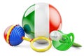 Birth rate and parenting in Ireland concept. Baby pacifier and baby rattle with Irish flag, 3D rendering