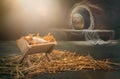 Birth and resurrection of Jesus Christ, manger in Bethlehem, empty grave tomb with shroud, religion and faith Royalty Free Stock Photo