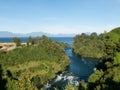 Birth of the Rio Bueno, leaving Lake Ranco. In the region of Los Rios, in Araucania or Patagonia, Chilean Andes. South of Chile Royalty Free Stock Photo