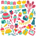 Birthdat party icon set. Hand drawn elements for banner, card, invitation, wrapping, digital
