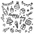 Birthdat party icon set. Hand drawn elements for banner, card, invitation, wrapping, digital. Vector Royalty Free Stock Photo