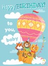 Birthday greeting cards with cute animals. Funny animals on hot air balloon. Vector illustration