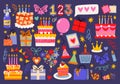 Cartoon collection of birthday stickers. Royalty Free Stock Photo