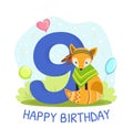 Birthday Anniversary Number and Cute Ethnic Patterned Fox Animal, Card Template for Nine Year Old Vector Illustration