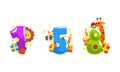 Birthday Anniversary Numbers With Cute Animals Set, Funny Lion, Panda, Giraffe With One, Five, Eight Numbers Cartoon