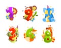 Birthday Anniversary Numbers with Cute Animals Vector Set Royalty Free Stock Photo