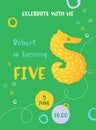 Birthday Baby Cute Card with Sea Horse and Number Five, Invitation Postcard, Flyer, Poster, Greetings Illustration
