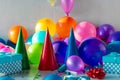 Birthday background Decoration party colorful balloons confetti gift birthday hat