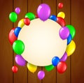 Birthday background with flying balloons and place for text on wooden background Royalty Free Stock Photo