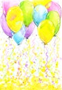 Birthday background with flying colorful balloons and confetti