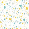 Birthday background. Garland with flags, balloons, serpentine and confetti. Vector seamless pattern in hand-drawn scandinavian Royalty Free Stock Photo