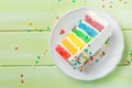 Birthday background - striped rainbow cake with white frosting Royalty Free Stock Photo