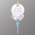 Birthday balloons on transparent background. Realistic Unicorn helium balloon vector illustration. Kawaii air balloons for