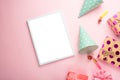 Birthday banner or background, gift, carnival cap, confetti. Flat style. Copy space for greeting text. Royalty Free Stock Photo