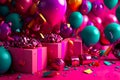 Birthday banner. Viva Magenta space with gifts and balloon decoration element for greeting design Generative AI