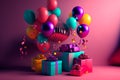 Birthday banner. Viva Magenta space with gifts and balloon decoration element for greeting design Generative AI