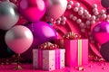 Birthday banner. Viva Magenta space with gifts and balloon decoration element for greeting design Generative AI