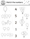 Birthday black and white matching game with colorful balloons. Holiday outline line math activity for preschool children.