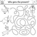 Birthday black and white maze for children. Holiday outline preschool printable educational activity. Funny line b-day party game