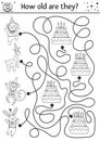 Birthday black and white maze for children. Holiday outline preschool printable educational activity. Funny line b-day party game