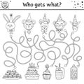 Birthday black and white maze for children. Holiday preschool printable outline educational activity. Funny line b-day party game