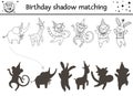 Birthday black and white shadow matching activity for children. Fun outline puzzle with cute animals in party hats. Holiday line