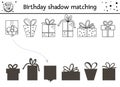 Birthday black and white shadow matching activity for children. Fun outline puzzle with cute gift boxes. Holiday line celebration