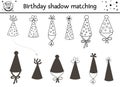 Birthday black and white shadow matching activity for children. Fun outline puzzle with cute party hats. Holiday celebration game