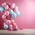 Birthday bliss, pink backdrop adorned with 3D pastel balloons, offering copy space