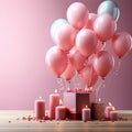 Birthday bliss, pink backdrop adorned with 3D pastel balloons, offering copy space