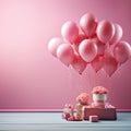 Birthday bliss, pink backdrop adorned with 3D pastel balloons, offering copy space