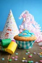 Birthday blue cupcake Royalty Free Stock Photo