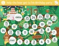 Birthday board game for children with cute woodland animals. Educational holiday boardgame with bear, hare, raccoon. Forest