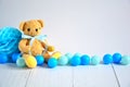 Birthday boy background with teddy bear , blue small balls and honeycomb ball , party decoration Royalty Free Stock Photo