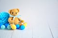 Birthday boy background with teddy bear , blue small balls and honeycomb ball , party decoration , space for text Royalty Free Stock Photo