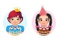 Birthday Boy and Girl Holding Cake Cartoon Character and Party Hat Vector