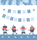 Birthday boys party. Greeting Card template. Invitation template. Cute children dance. Blue Flags Happy Birthday Royalty Free Stock Photo