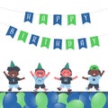 Birthday boys party. Greeting Card template. Invitation template. Cute children dance. Bright Flags Happy Birthday Royalty Free Stock Photo