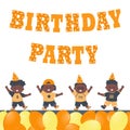 Birthday Boys Party. Greeting Card Template. Invitation Template. Cute Black Children Dance. Orange Happy Birthday Letters