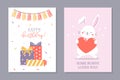 Birthday bunny set of greeting birthday cards. Two cards with cute bunny holding a heart and stack of gifts
