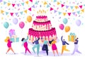 Birthday concept. People carry gifts, blow their whistles, dance and celebrate the holiday around big, bright, tasty cake with can Royalty Free Stock Photo