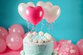 A birthday cake adorned with colorful balloons on top, ready to celebrate a special occasion, Heart-shaped balloons floating Royalty Free Stock Photo