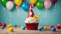 birthday cake and balloons A realistic scene of a birthday party background with a cupcake, a party hat, and a present. Royalty Free Stock Photo