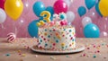 balloons three 3 candle A colorful cake with white frosting and the number three on top. The cake is surrounded by balloons, Royalty Free Stock Photo