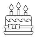 Birthday cake with bow and candles thin line icon, Birthday cupcake concept, dessert with three candles and bow sign on