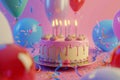 Birthday Cake With Lit Candles Surrounded by Balloons and Streamers. Generative AI