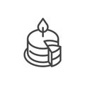 Birthday cake with burning candle outline icon. Symbol of party, holiday, event, anniversary. Sweet dessert line label