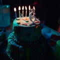 Birthday cake with burning candles and age 6 candle in the dark background with candies in decor Royalty Free Stock Photo